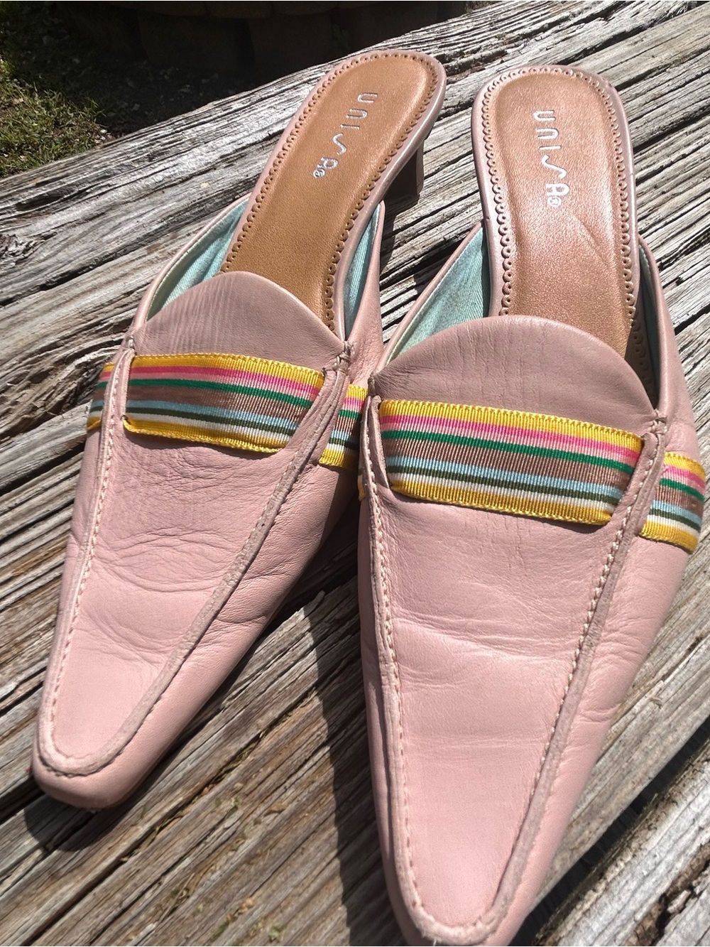 Unisa Y2K Pink Leather Pointed Toe Mule Rainbow Ribbon Kitten Heel Twee